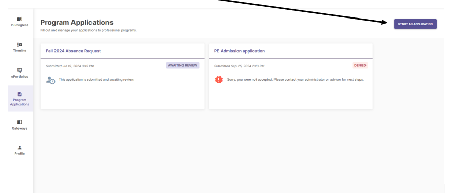 Screenshot of Watermark page displaying Program Applications with a purple button that reads "Start an Application" in the upper right-hand corner of the screen.