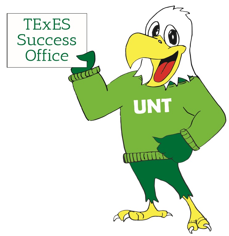 TExES Logo Cartoon university eagle mascot wearing green “UNT” sweater, smiling and pointing to “TExES Success Office” sign, college academic support illustration, North Texas Mean Green themed character, educational services graphic, friendly bird mascot design with text signage that reads TExES Success Office