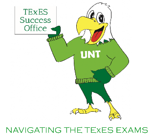 Scrappy wearing a green UNT sweater with a sign for the TExES Success Office.
