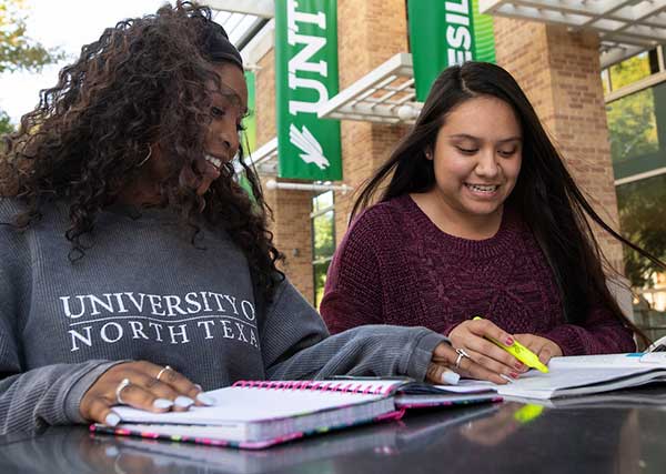 UNT students study on the union patio between classes on the Denton campus.