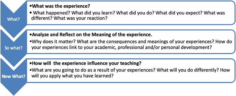 What was the experience?  What happened? What did you learn? What did you do? What did you expect? What was different? What was your reaction? Analyze and Reflect on the Meaning of the experience.
Why does it matter? What are the consequences and meanings of your experiences? How do your experiences link to your academic, professional and/or personal development?
How will  the experience influence your teaching? 
What are you going to do as a result of your experiences? What will you do differently? How will you apply what you have learned?
