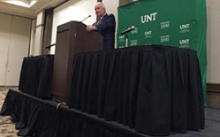 Former Texas Commissioner of Education Dr. Mike Moses speaks at the 2018 Educational Leadership Conference at the University of North Texas