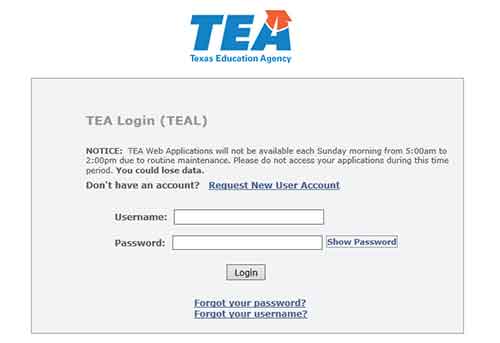 Log in page for the TEA website.
