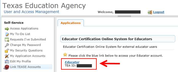 Applications tab on the TEA website where the TEA ID can be found.